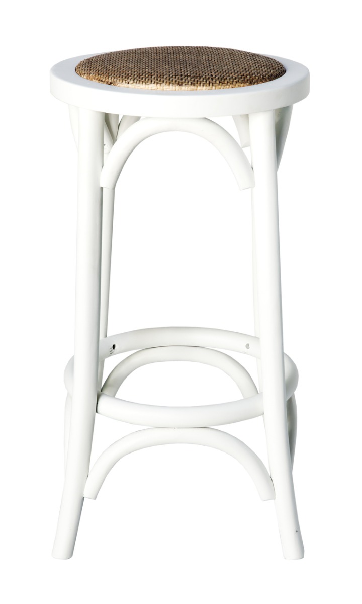 "Noosaville" Timber Kitchen Barstool Rattan Seat (No back) Vivid White, 35cmL x 35cmD x 65cmH (RRP $249) - Image 2