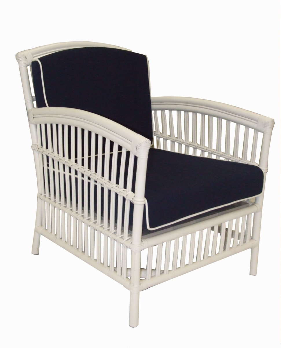 "Alfresco" Armchair Rattan Lounge in White with Navy Cushions White Piping, 82cmL x 68cmW x 86cmH (RRP $799) - Image 2