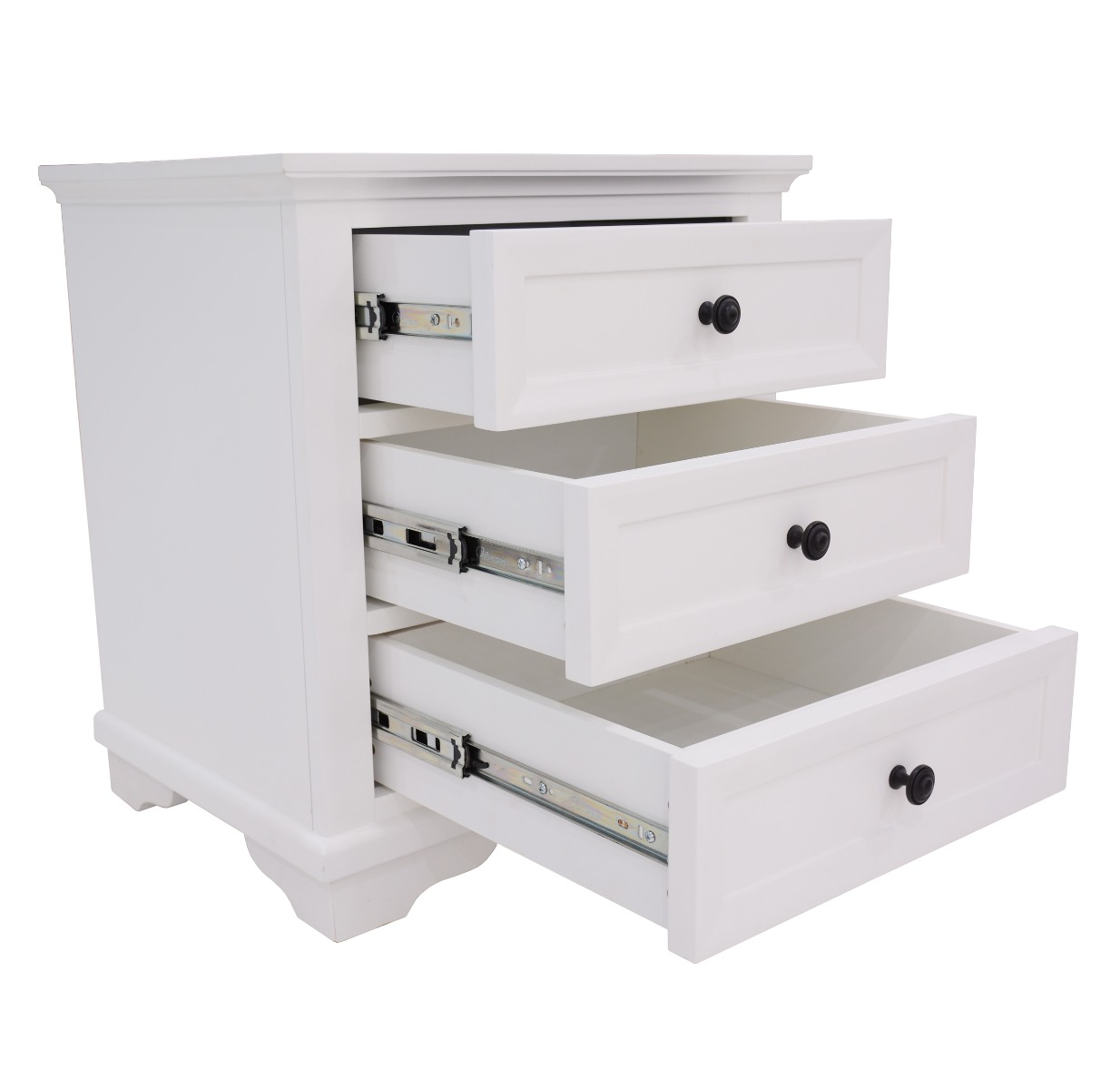 "Emily" Hamptons Style Timber Bedside Table 3 Drawer White, 55cmL x 42cmD x 60cmH (RRP $499) - Image 3