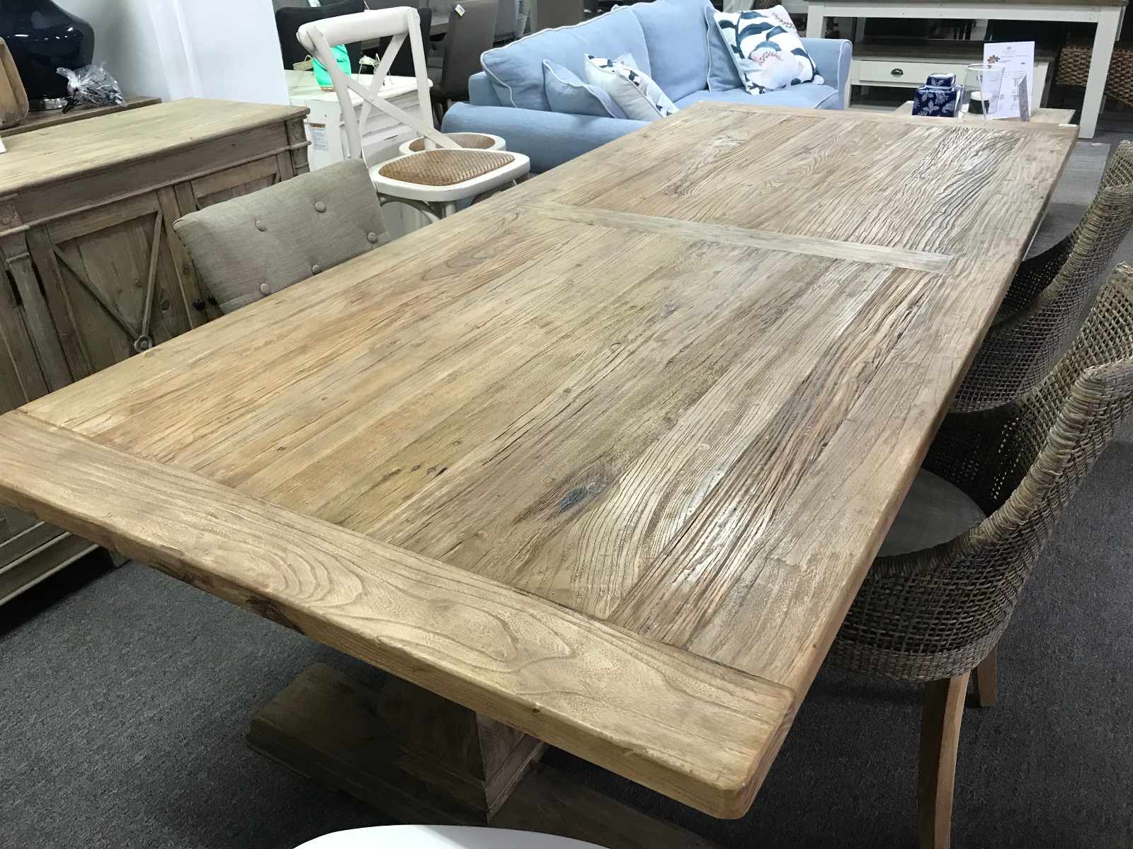 "Madrid" Hamptons Style Solid Timber Dining Table with Pedestal Base Recycled Elm, 200cmL x 100cmD (RRP $2999) - Image 3