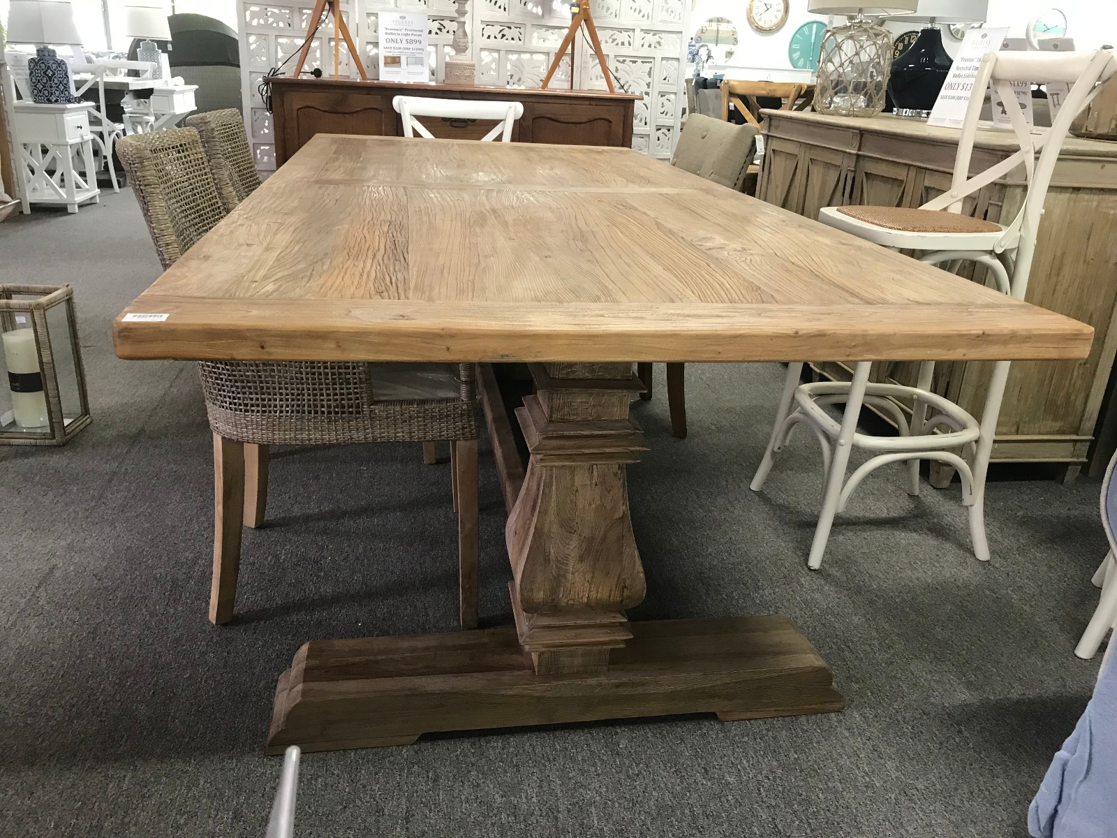 "Madrid" Hamptons Style Solid Timber Dining Table with Pedestal Base Recycled Elm, 200cmL x 100cmD (RRP $2999) - Image 4
