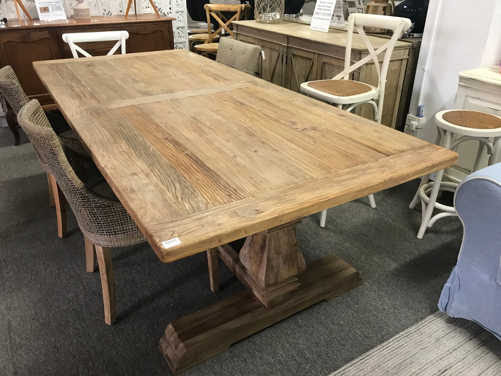 "Madrid" Hamptons Style Solid Timber Dining Table with Pedestal Base Recycled Elm, 200cmL x 100cmD (RRP $2999) - Image 5