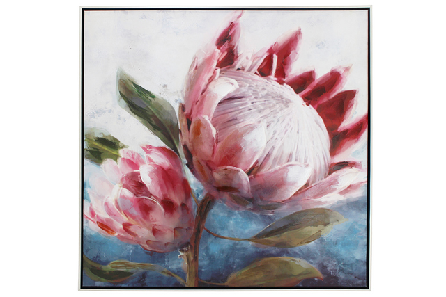 Framed Square Double Pink Protea Painting, 83x83cm