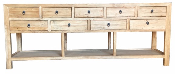 "Kingscliff" Recycled Elm Timber 9 Drawer Hall Table with Shelf, 230cm x 45cm x 90cm (RRP $3799)