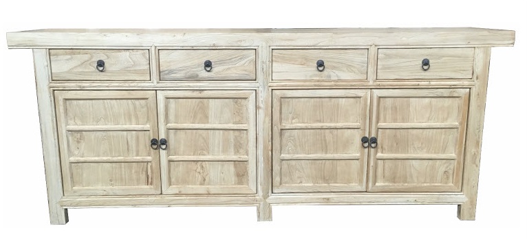 "Kingscliff" Recycled Elm Timber 4 Door 4 Drawer Sideboard, 220cm x 45cm x 85cm