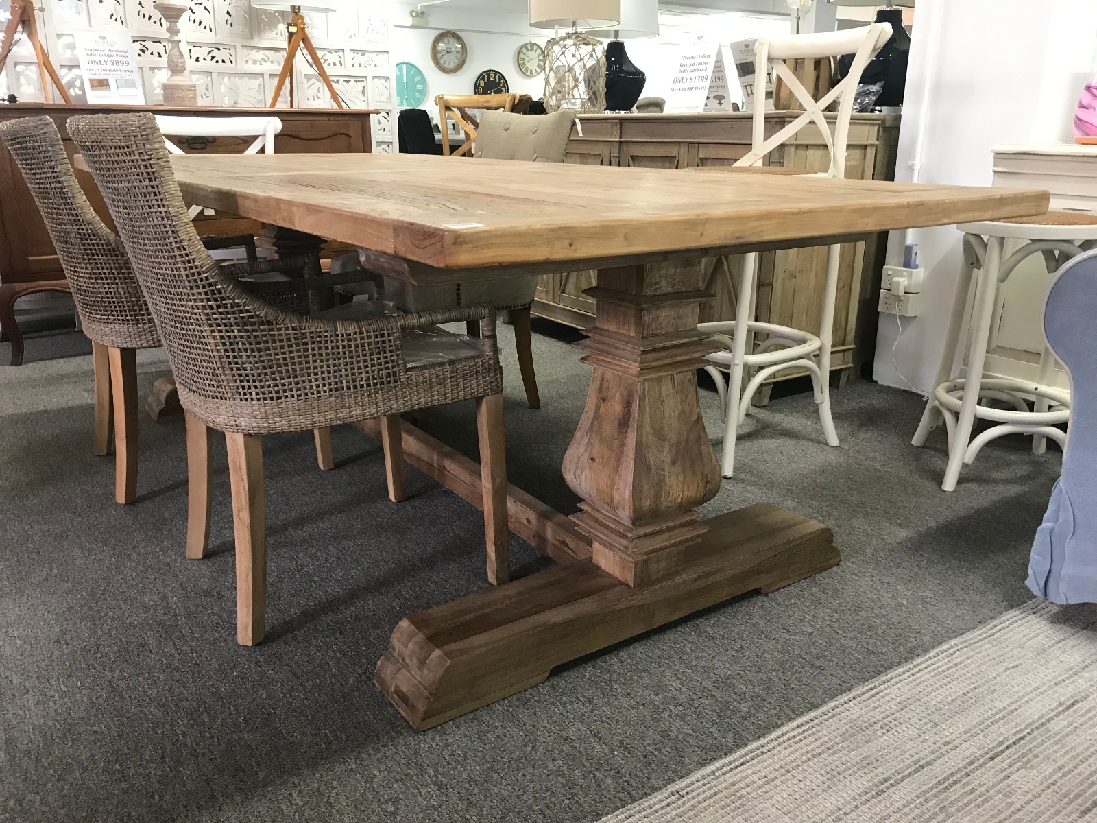 "Madrid" Hamptons Style Timber Dining Table with Pedestal Base Recycled Elm, 245cmL x 110cmD x 76cmH (RRP $3499) - Image 5