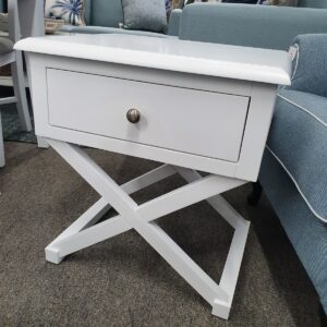 wp-image-tigress-29007.jpg "Montauk" Hamptons Style Timber Side Table Cross Leg White, 55cmW x 42cmD x 58cmH (RRP $399)