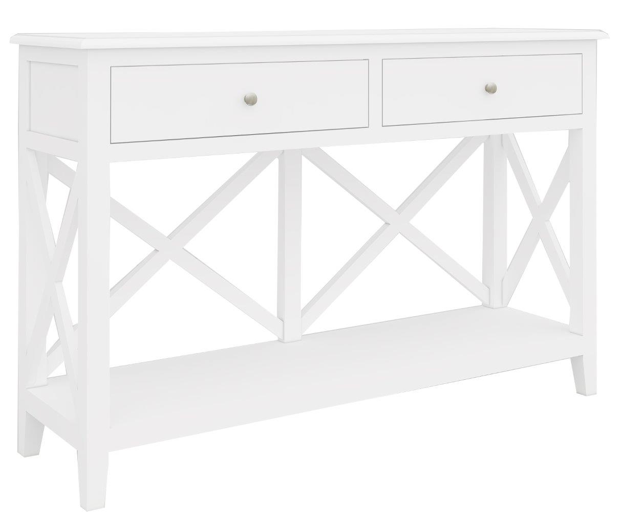 "Montauk" Hamptons Style Timber Hall Console Table 2 Drawers Cross Leg White, 120cmW x 35cmD x 78cmH (RRP $799)