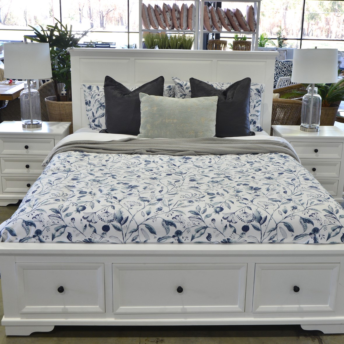 "Emily" Hamptons Style Timber Queen Bedroom 4 Piece Tallboy & Bedsides Package in White (RRP $3999) - Image 2
