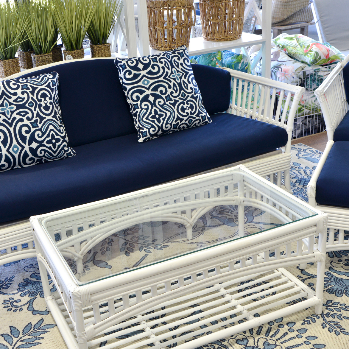 "Airlie" Hamptons Style Alfresco 4 Piece Rattan Lounge Package, 3 Seater Lounge, 2 x Armchairs & Coffee Table, White with Navy Blue(RRP $4999) - Image 7