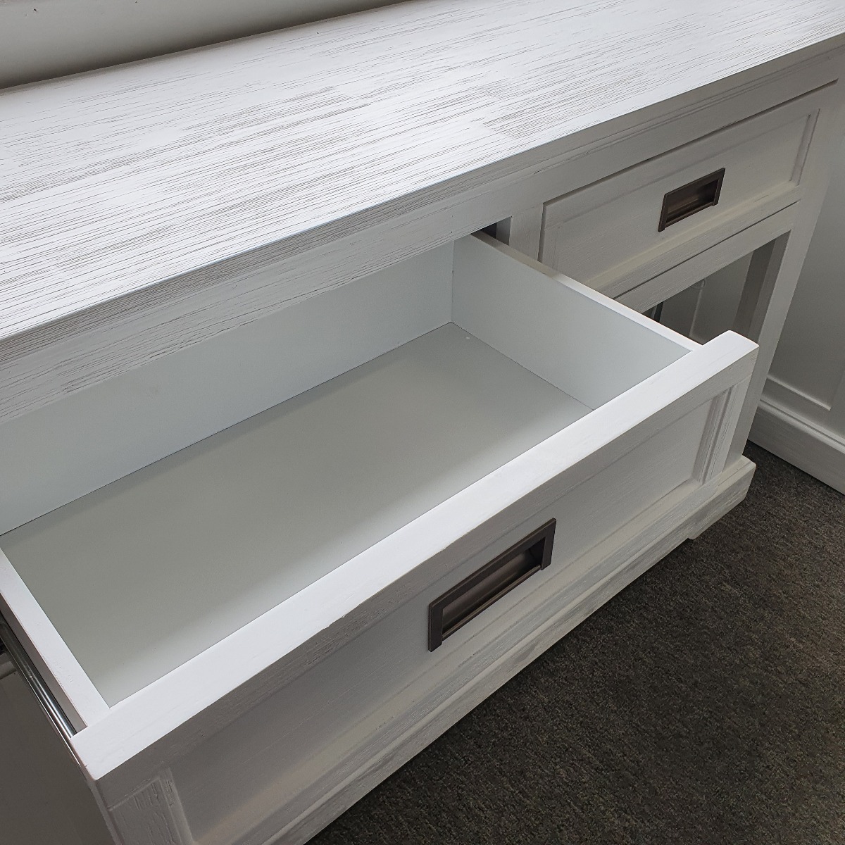 "Cove" Hamptons Style Console Table 2 Drawer, Brushed White, 125cmW x 38cmD x 80cmH (RRP $899) - Image 2