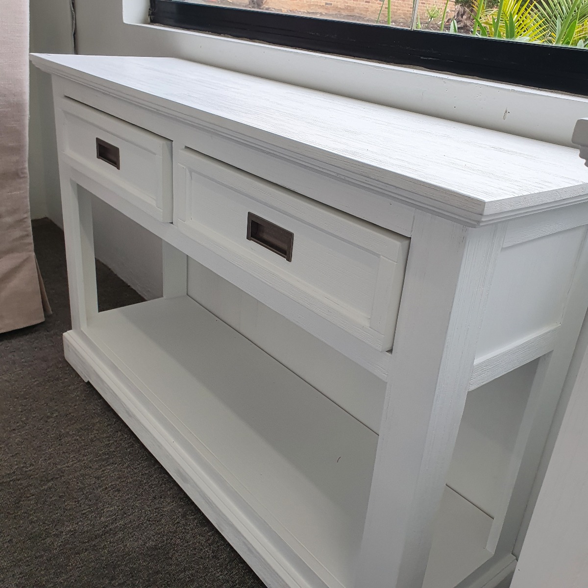 "Cove" Hamptons Style Console Table 2 Drawer, Brushed White, 125cmW x 38cmD x 80cmH (RRP $899) - Image 3