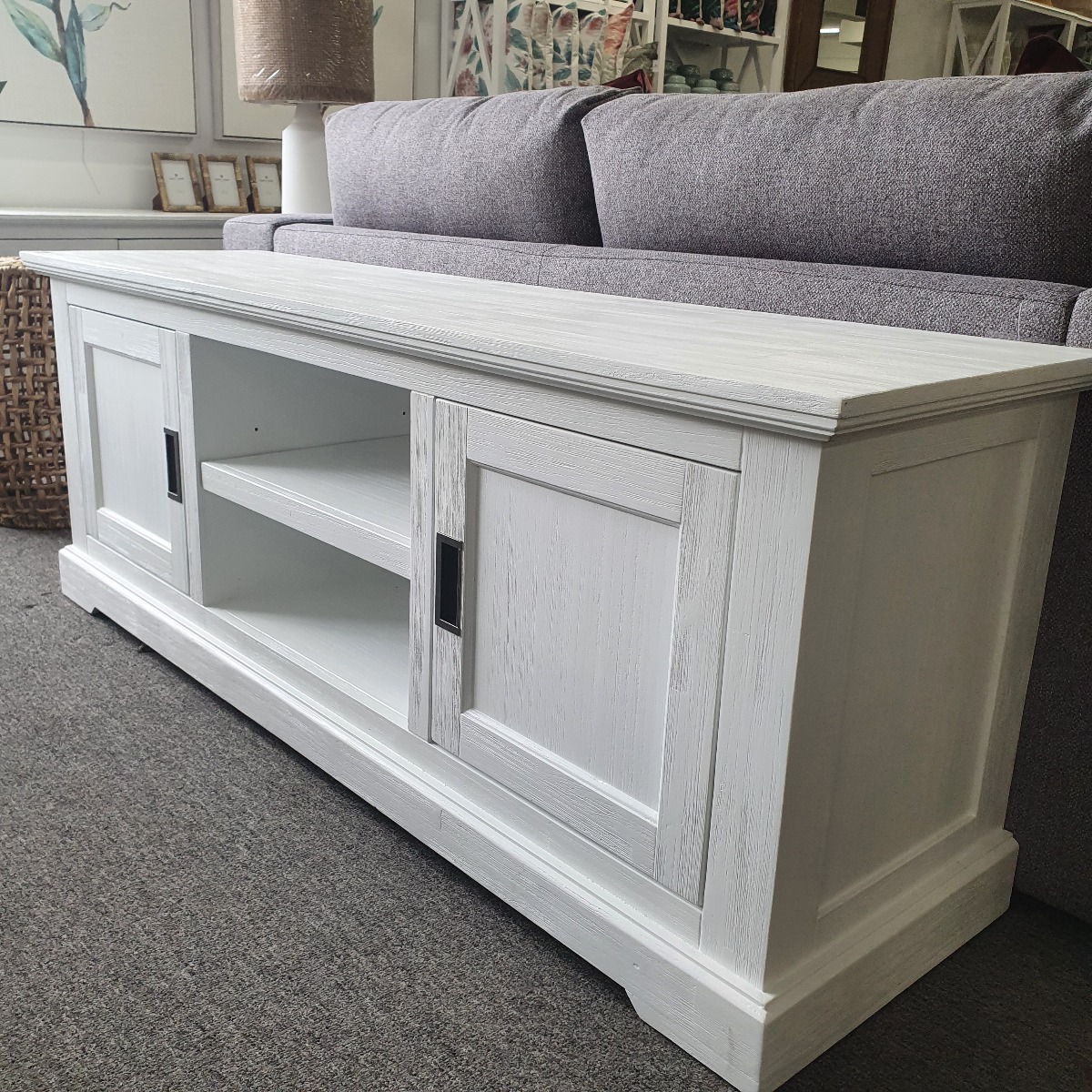 "Cove" Hamptons Style TV Unit 2 Door 2 Niche, Brushed White, 160cmW x 45cmD x 60cmH (RRP $1199) - Image 3