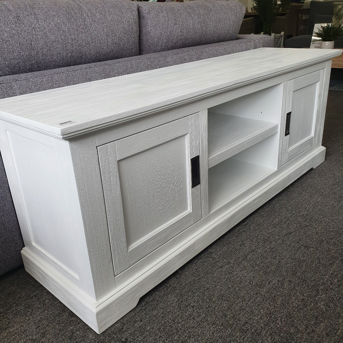 "Cove" Hamptons Style TV Unit 2 Door 2 Niche, Brushed White, 160cmW x 45cmD x 60cmH (RRP $1199) - Image 5