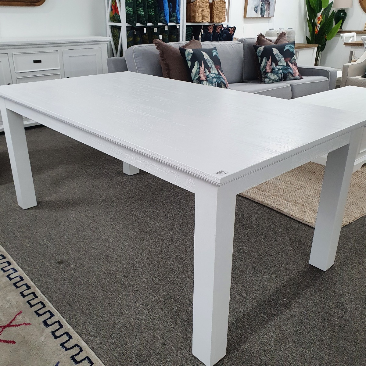 "Cove" Hamptons Style Dining Table, Brushed White, 180cmW x 100cmD x 77cmH (RRP $1099)