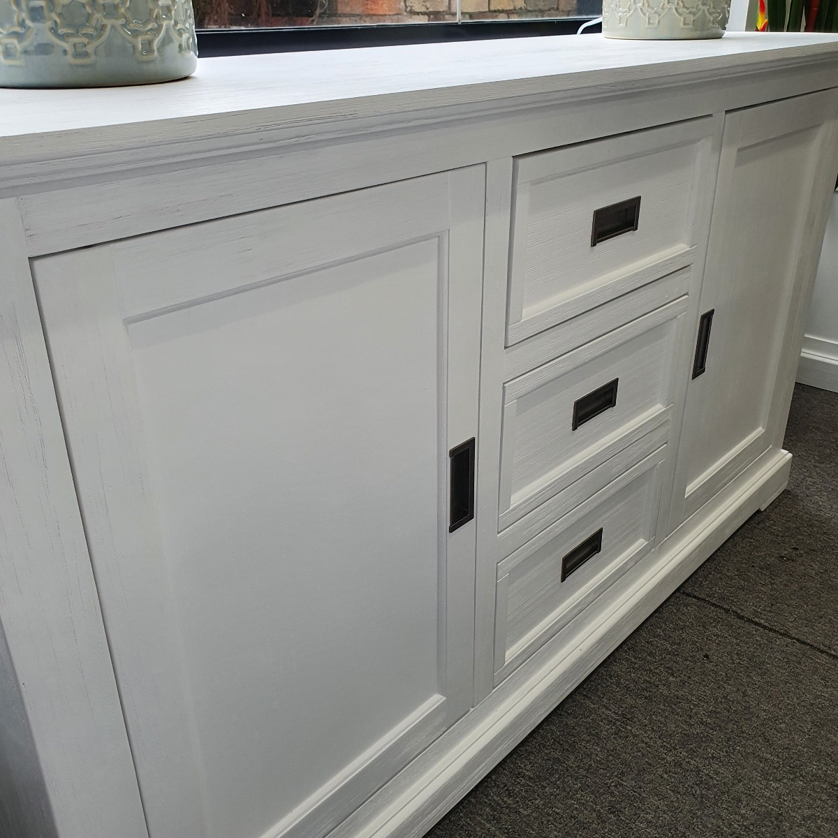 "Cove" Hamptons Style Buffet 2 Door 3 Drawer, Brushed White, 166cmW x 47cmD x 90cmH (RRP $1499) - Image 2