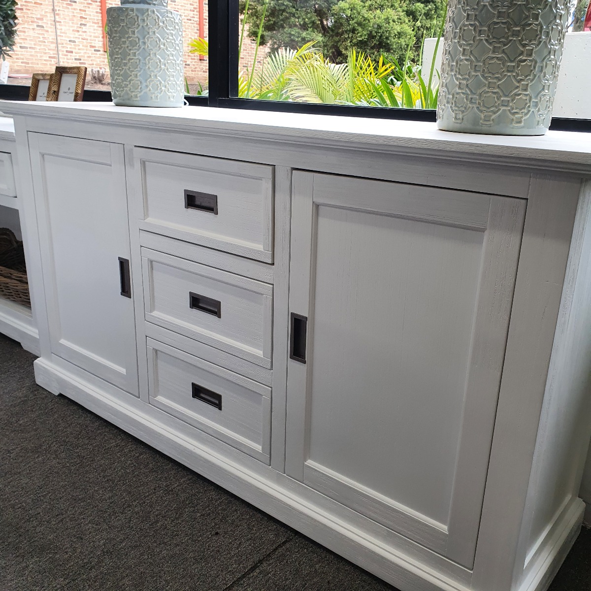 "Cove" Hamptons Style Buffet 2 Door 3 Drawer, Brushed White, 166cmW x 47cmD x 90cmH (RRP $1499) - Image 3