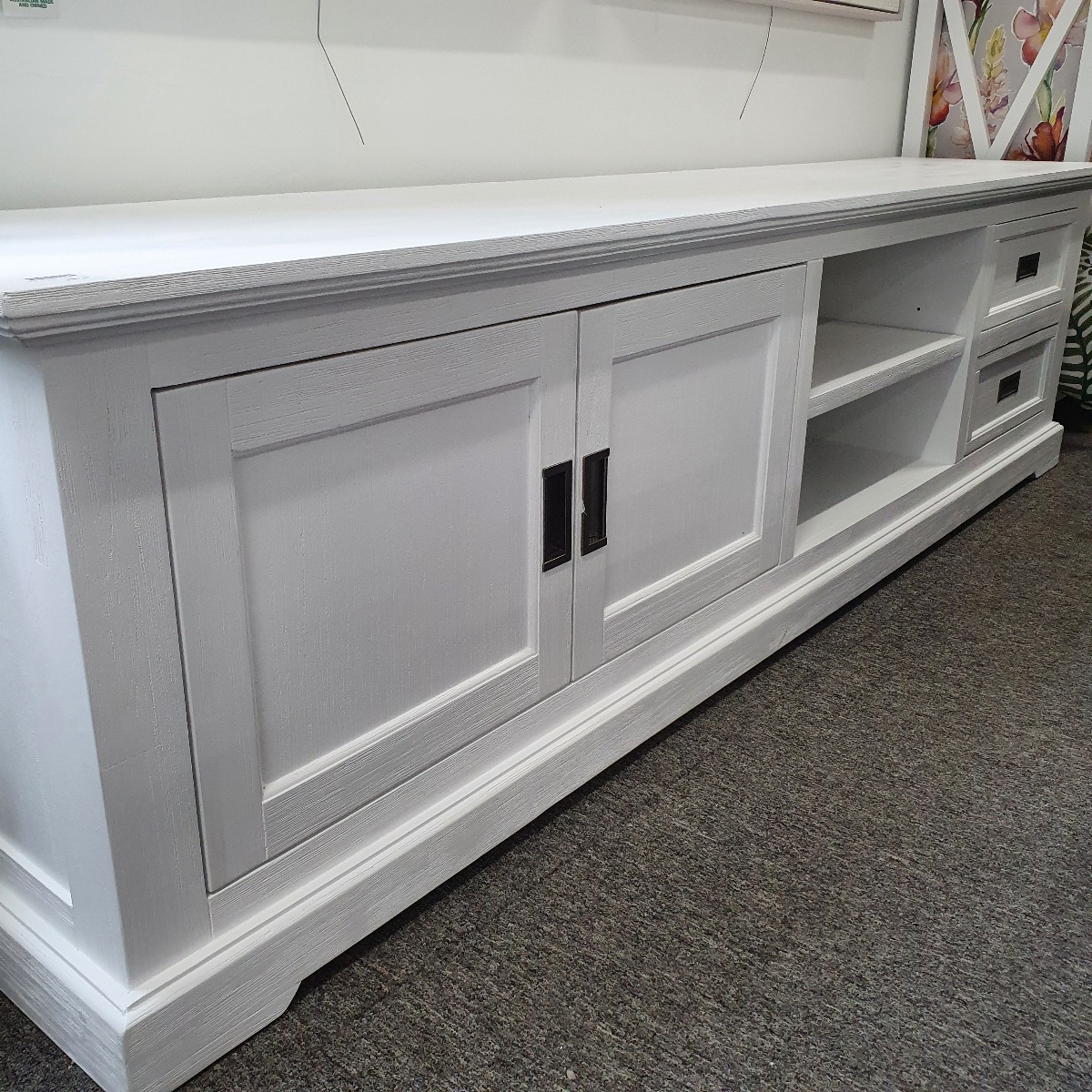 "Cove" Hamptons Style TV Unit 2 Door, 2 Drawers, Brushed White, 220cmW x 45cmD x 60cmH (RRP $1499) - Image 2