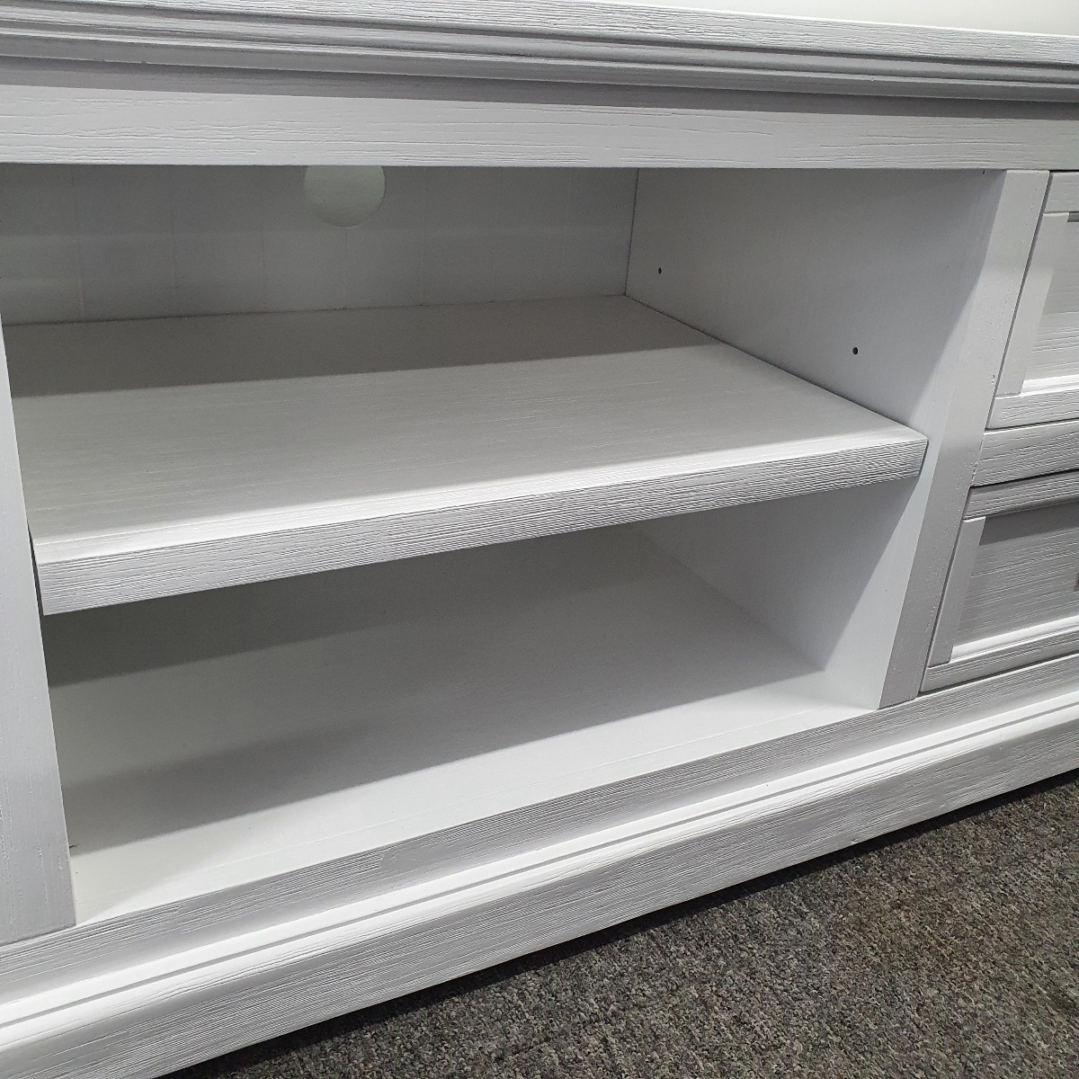 "Cove" Hamptons Style TV Unit 2 Door, 2 Drawers, Brushed White, 220cmW x 45cmD x 60cmH (RRP $1499) - Image 4