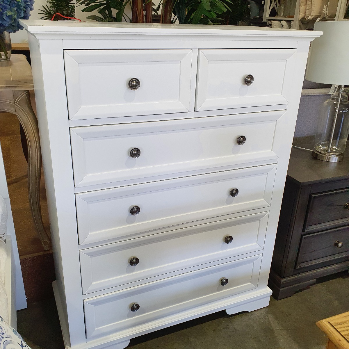 "Sophia" Hamptons Style Timber 6 Drawer Tallboy White, 97cmW x 44cmD x 125.5cmH (RRP $1299)