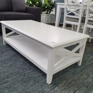 "Montauk" Hamptons Style Timber Coffee Rectangle Table Cross Leg White, 120cm x 60cm x 45cm (RRP $699)
