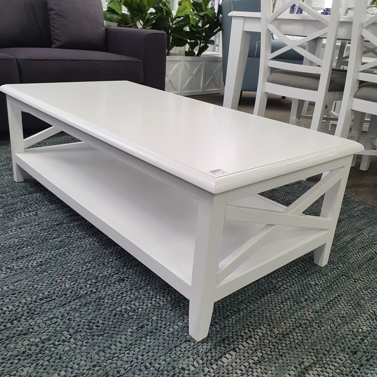 "Montauk" Hamptons Style Timber Coffee Rectangle Table Cross Leg White, 120cm x 60cm x 45cm (RRP $699)