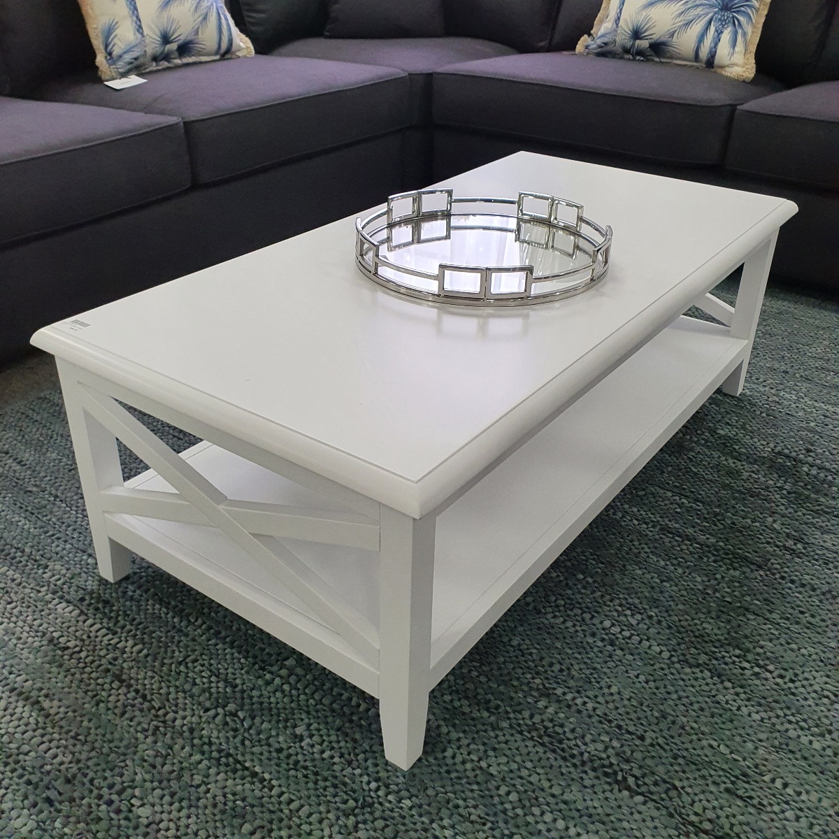 "Montauk" Hamptons Style Timber Coffee Rectangle Table Cross Leg White, 120cm x 60cm x 45cm (RRP $699) - Image 3