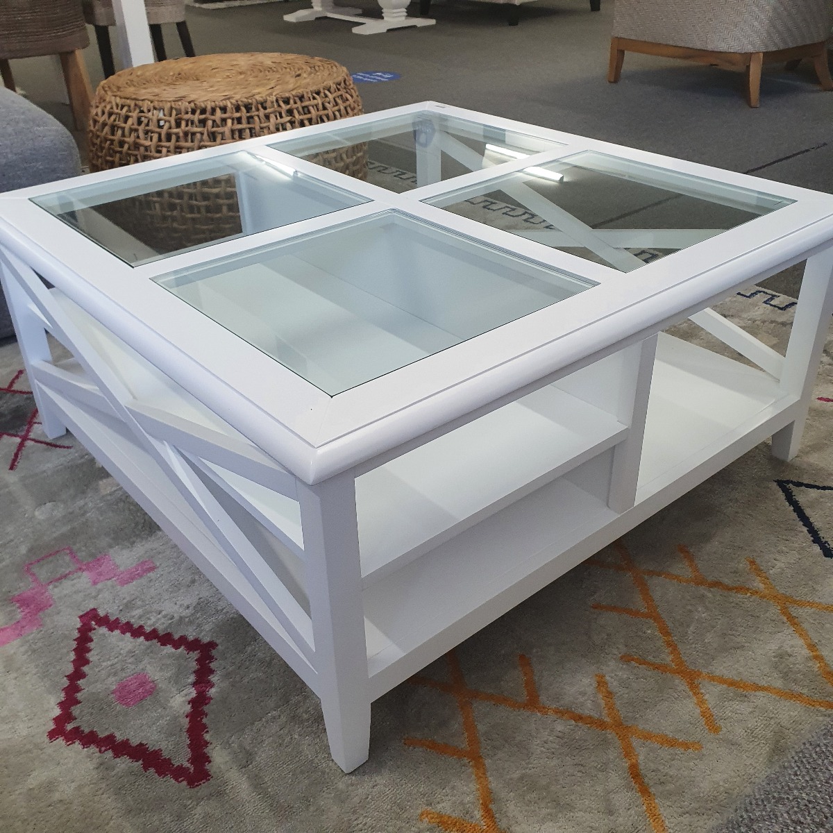 "Montauk" Hamptons Style Timber Coffee Square Table Glass Top & Cross Leg White, 100cm x 100cm x 45cm (RRP $999) - Image 2
