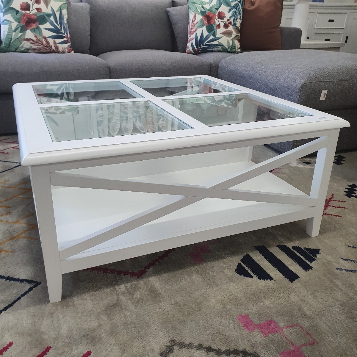 "Montauk" Hamptons Style Timber Coffee Square Table Glass Top & Cross Leg White, 100cm x 100cm x 45cm (RRP $999) - Image 3