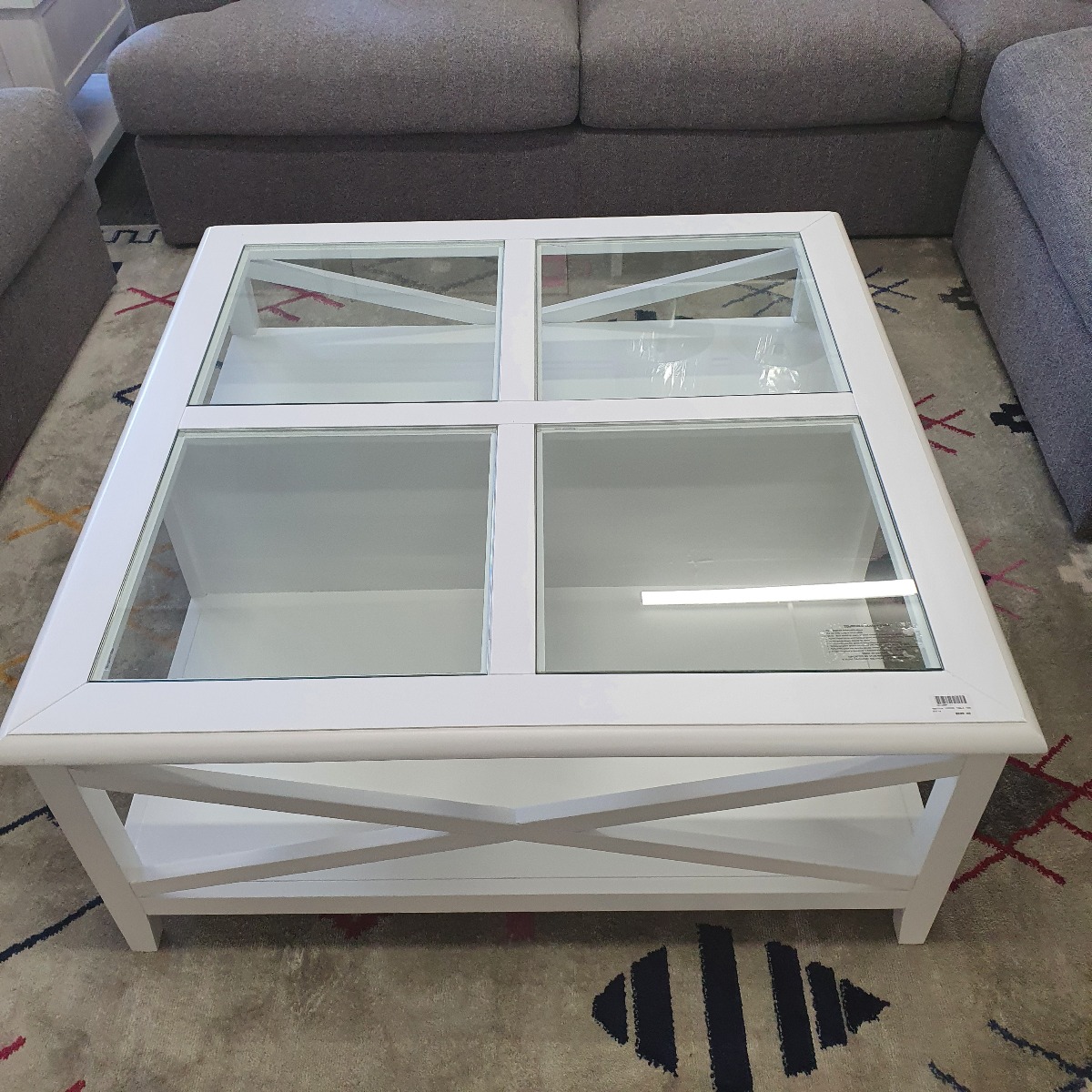 "Montauk" Hamptons Style Timber Coffee Square Table Glass Top & Cross Leg White, 100cm x 100cm x 45cm (RRP $999) - Image 4