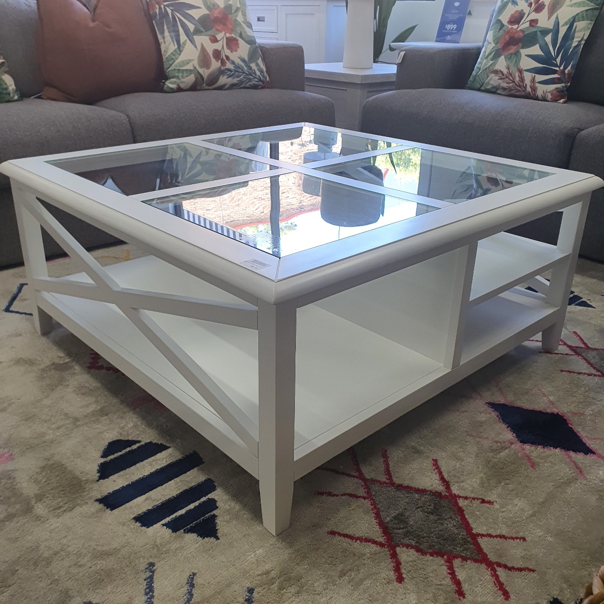 "Montauk" Hamptons Style Timber Coffee Square Table Glass Top & Cross Leg White, 100cm x 100cm x 45cm (RRP $999) - Image 5