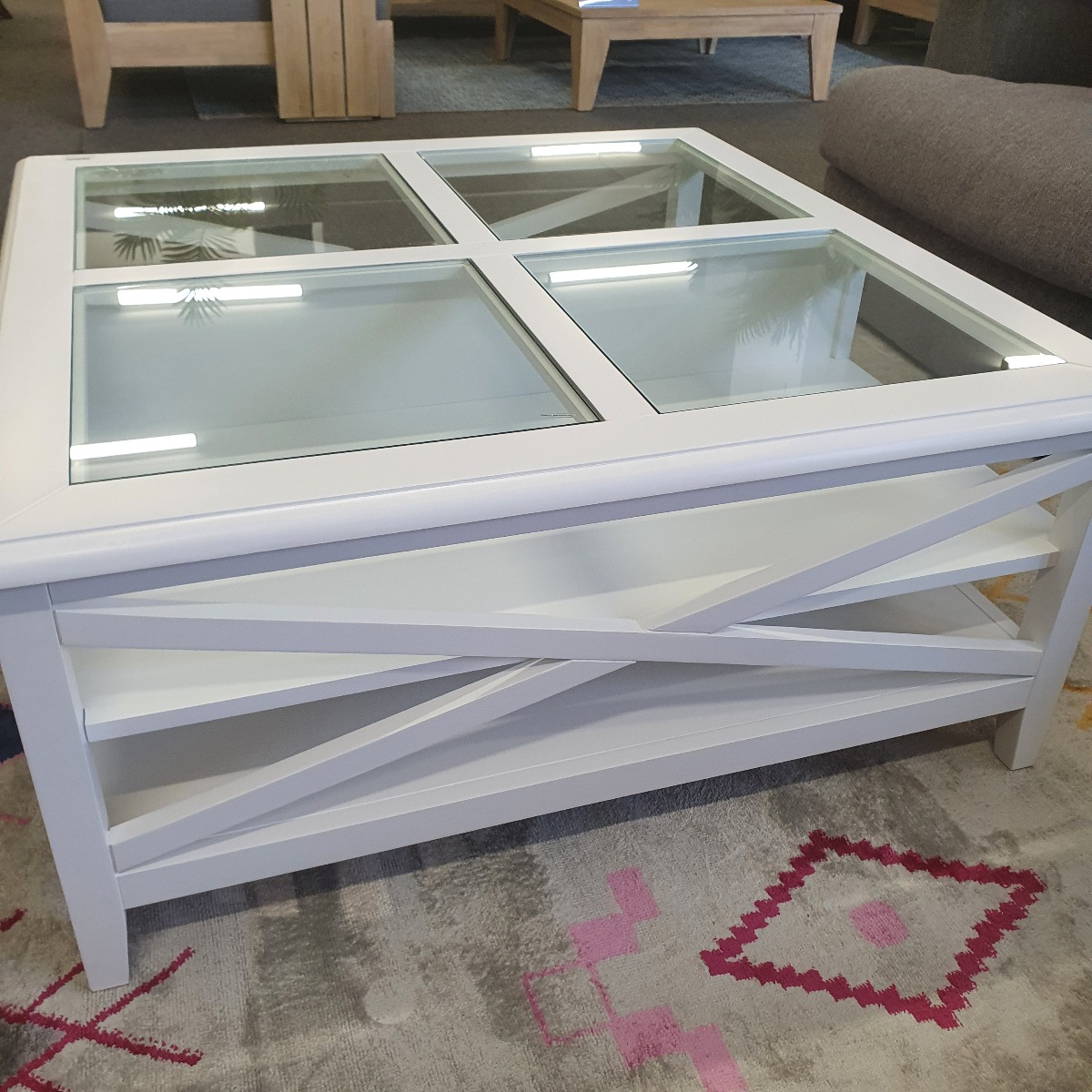 "Montauk" Hamptons Style Timber Coffee Square Table Glass Top & Cross Leg White, 100cm x 100cm x 45cm (RRP $999) - Image 6