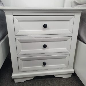wp-image-tigress-29654.jpg "Emily" Hamptons Style Timber Bedside Table 3 Drawer White, 55cmL x 42cmD x 60cmH (RRP $499)