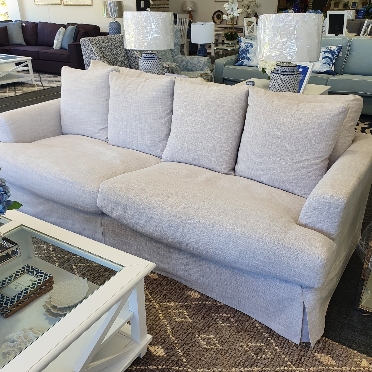 "Somerset" Hamptons Style Fabric 3.5 Seater Sofa Lounge Feather Filled with Removable Slip Covers, Glacier 236cmL x 115cmD x 91cmH (RRP $3499)