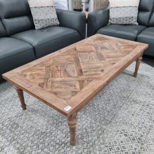 wp-image-tigress-30012.jpg "Marrakesh" Hardwood Parquetry Coffee Table with turned legs Recycled Elm, 140cm x 70cm x 42cm (RRP $1299)