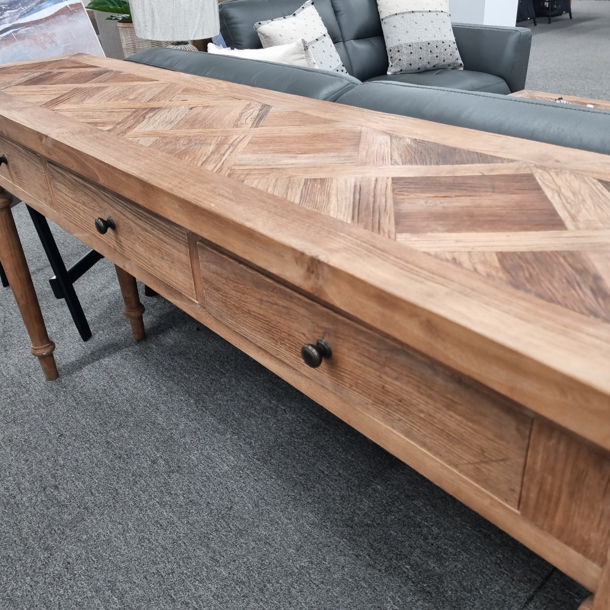 "Marrakesh" Hardwood Parquetry Hall Table with turned legs Recycled Elm, 180cm x 40cm x 85cm (RRP $1499) - Image 2