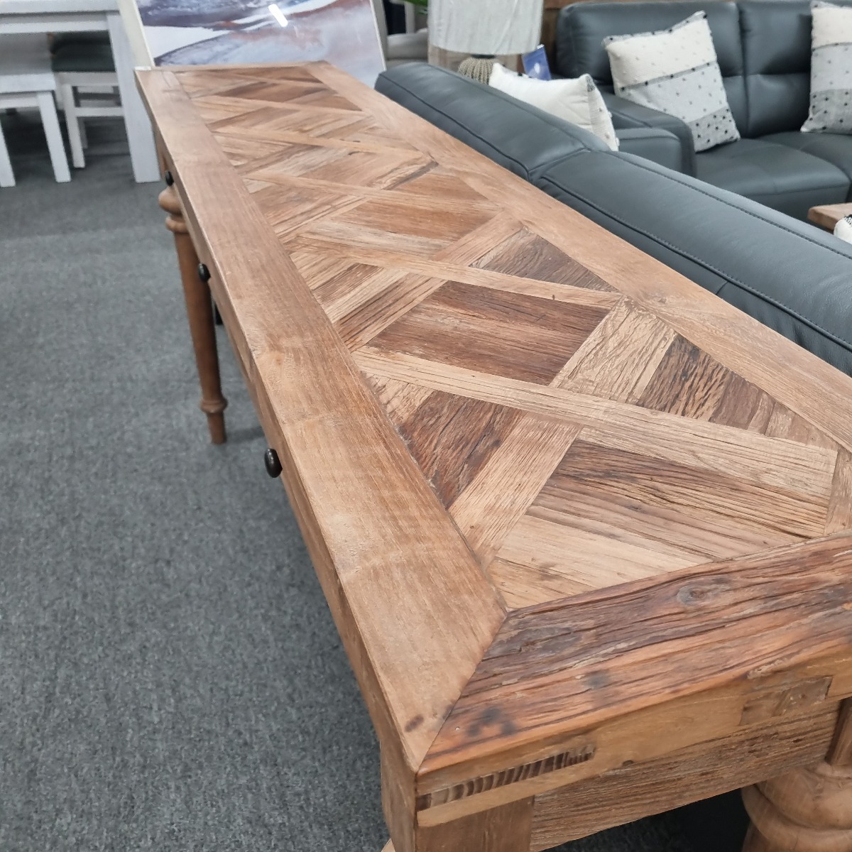 "Marrakesh" Hardwood Parquetry Hall Table with turned legs Recycled Elm, 180cm x 40cm x 85cm (RRP $1499) - Image 3
