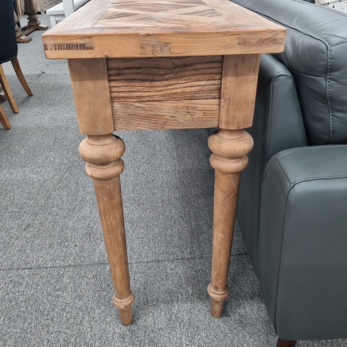 "Marrakesh" Hardwood Parquetry Hall Table with turned legs Recycled Elm, 180cm x 40cm x 85cm (RRP $1499) - Image 4
