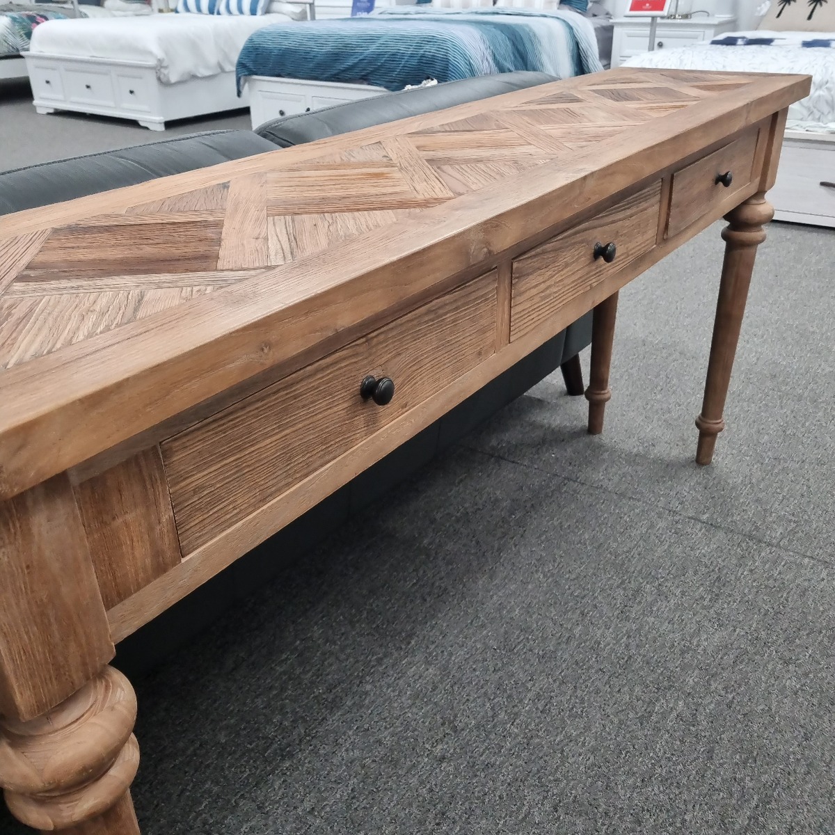 "Marrakesh" Hardwood Parquetry Hall Table with turned legs Recycled Elm, 180cm x 40cm x 85cm (RRP $1499) - Image 5