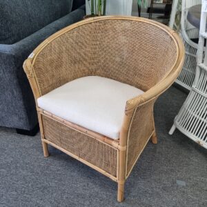 wp-image-tigress-30029.jpg "Raffles" Hampton Style rattan Armchair with cream linen cushion, 76cm x 65cm x 80cm (RRP $499)