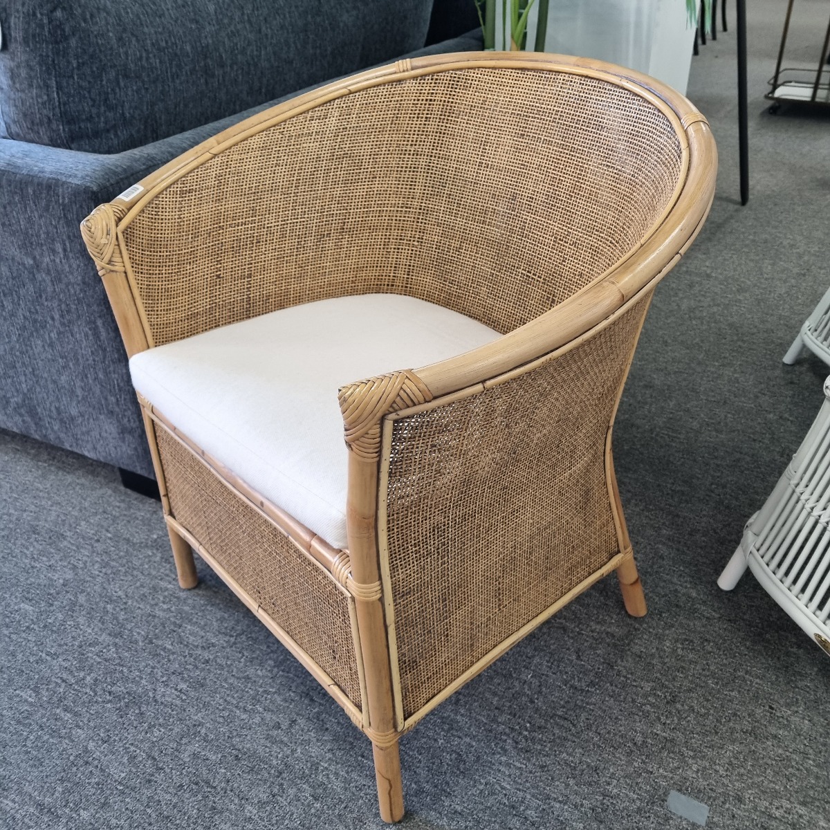 "Raffles" Hampton Style rattan Armchair with cream linen cushion, 76cm x 65cm x 80cm (RRP $499) - Image 2