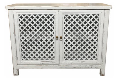 "St Barts" Hamptons Style 2 Door Cabinet Recycled Elm with Lattice Doors White, 120cm x 45cm x 90cmH