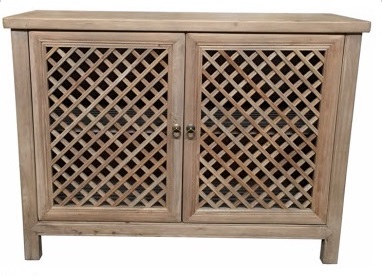 "St Barts" Hamptons Style 2 Door Cabinet Recycled Elm with Lattice Doors Natural, 120cm x 45cm x 90cmH