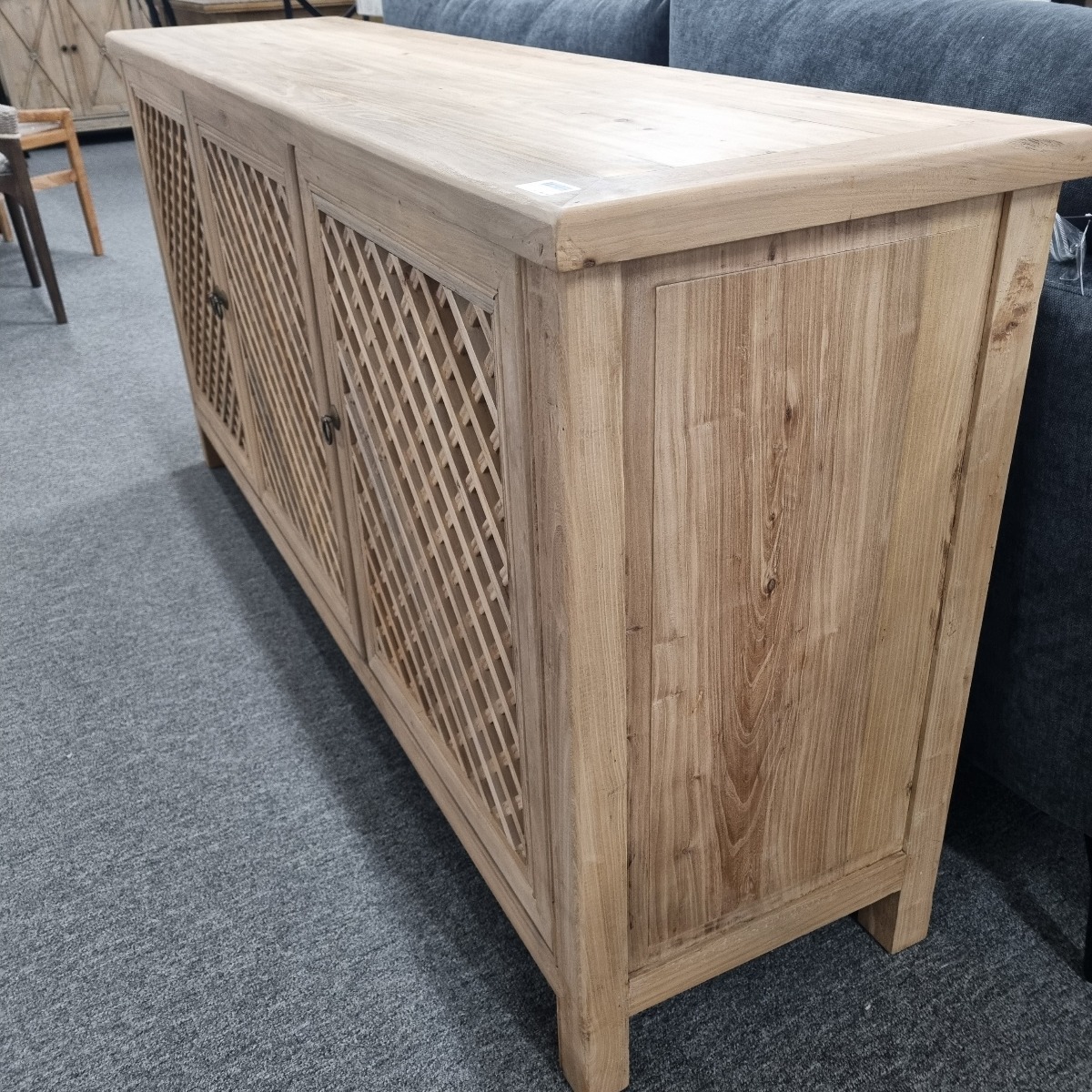 "St Barts" Hamptons Style 3 Door Buffet Recycled Elm with Lattice Doors Natural, 180cm x 45cm x 85cmH (RRP $2799) - Image 3
