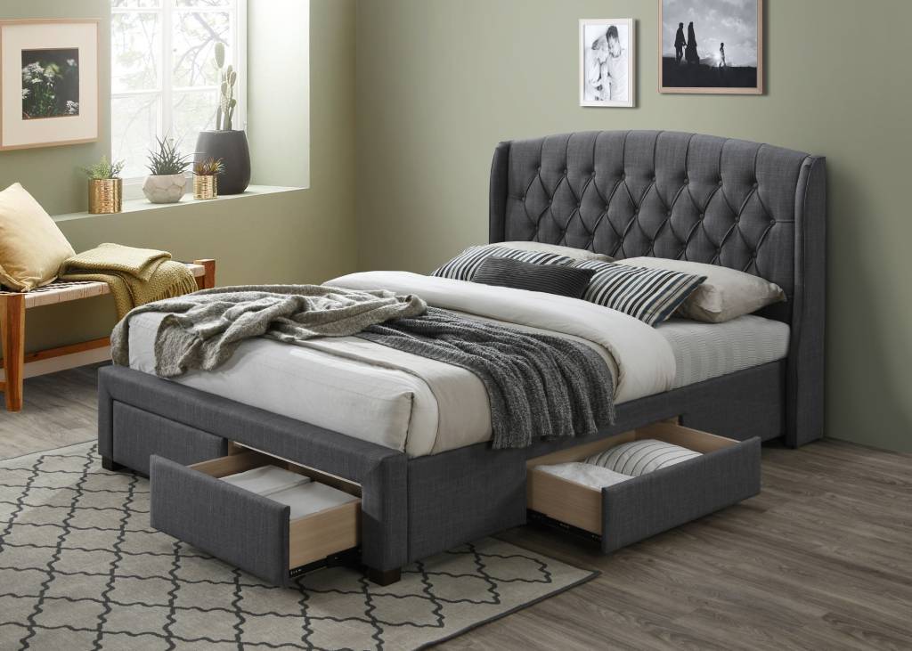 "Amelia" Hamptons Style Buttoned Back Upholstered Fabric Bed Frame 4 Storage Drawers Queen Size, Dark Grey (RRP $1999)