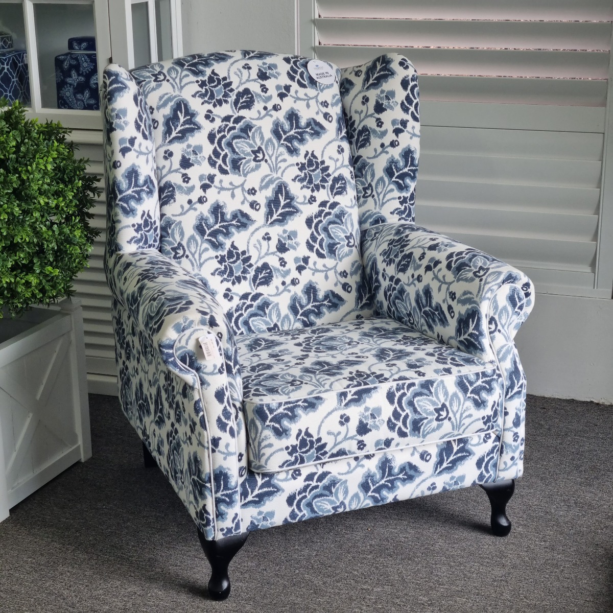 "Aerin" Hamptons Style Occasional Wing Fabric Australian Made Armchair, Warwick Montauk Marine (RRP $2799) - Image 5