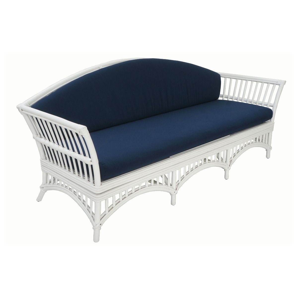 "Airlie" Hamptons Style Outdoor Alfresco 3 Seater Lounge in White Rattan with Navy Blue Cushions (RRP $1699) - Image 2