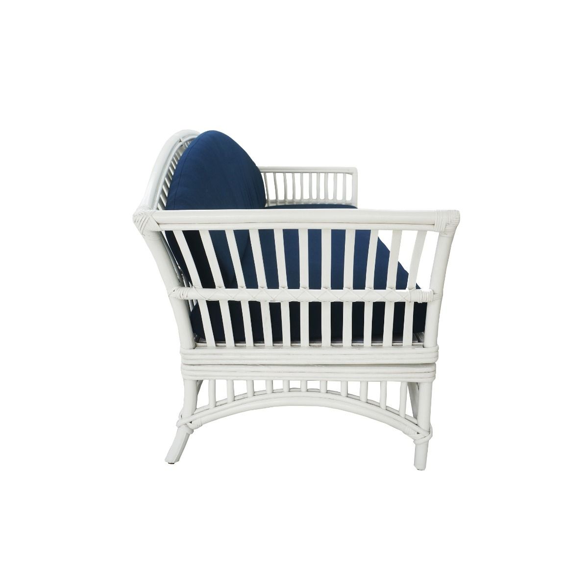 "Airlie" Hamptons Style Outdoor Alfresco 3 Seater Lounge in White Rattan with Navy Blue Cushions (RRP $1699) - Image 4