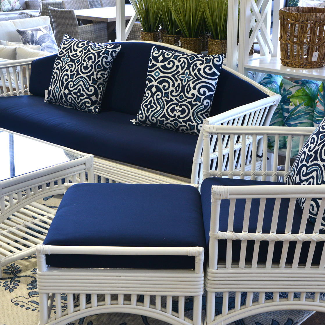 "Airlie" Hamptons Style Outdoor Alfresco Ottoman in White Rattan with Navy Blue Cushion (RRP $549) - Image 4