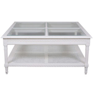 "Paloma" Hamptons Style Square Coffee Table with 4 Panel Glass Top & Rattan Shelf in White, 110cm x 110cm x 50cmH (RRP $1799)